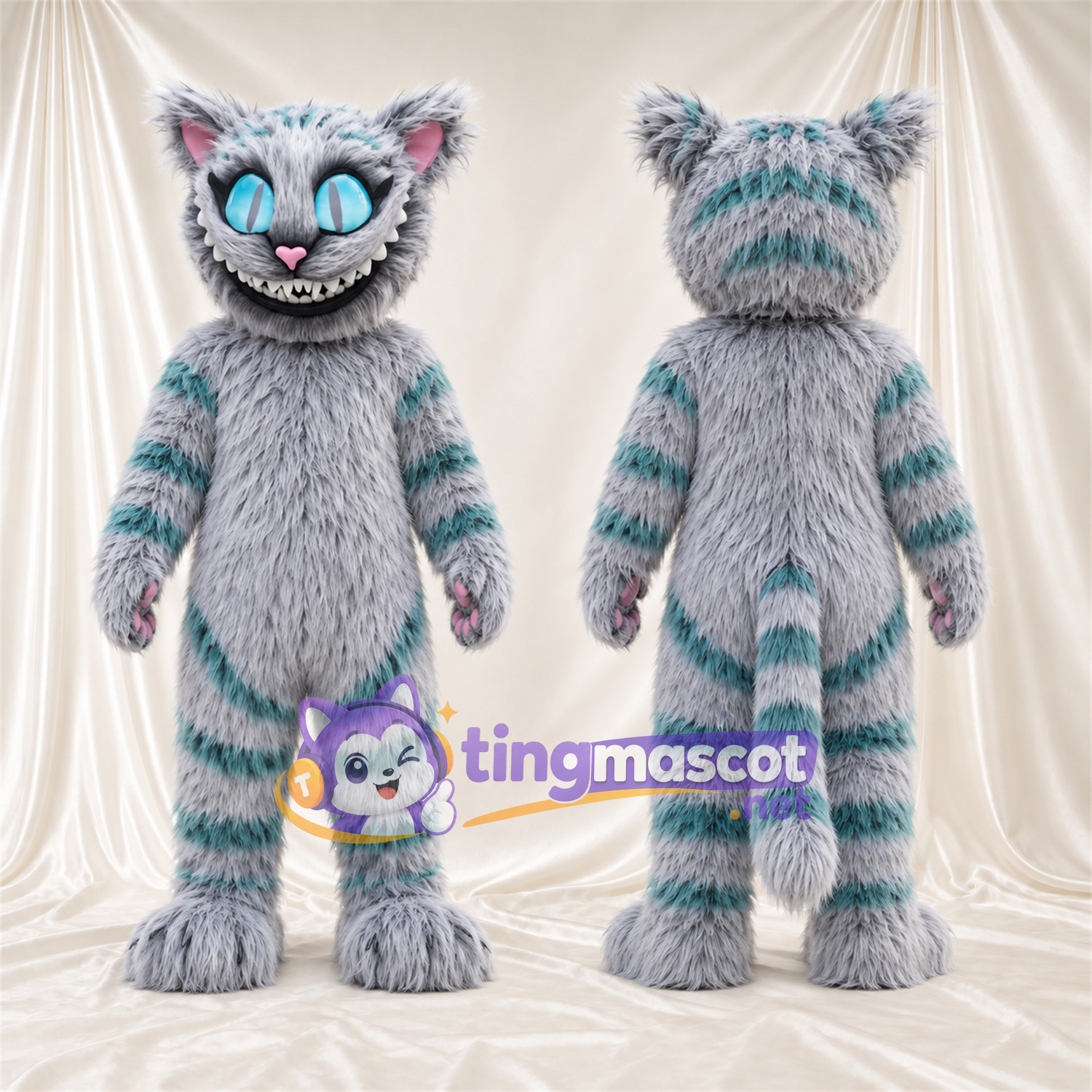 Costume de mascotte Chat du Cheshire – gris / bleu canard – Fourrure; Yeux (bleu) Costume de mascotte Chat du Cheshire – gris / bleu canard – Fourrure; Yeux (bleu)