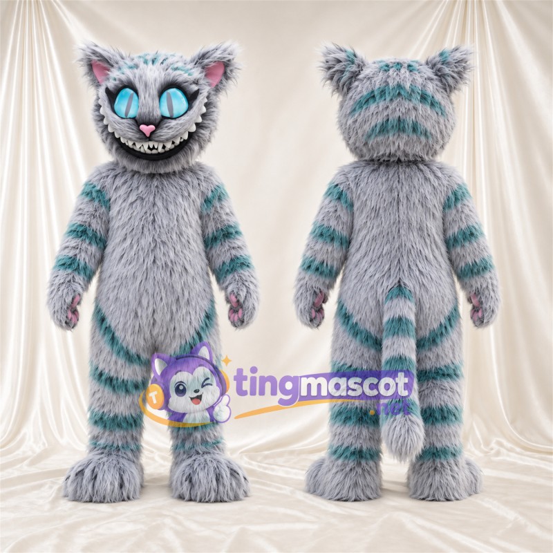 Costume de mascotte Chat du Cheshire – gris / bleu canard – Fourrure; Yeux (bleu)