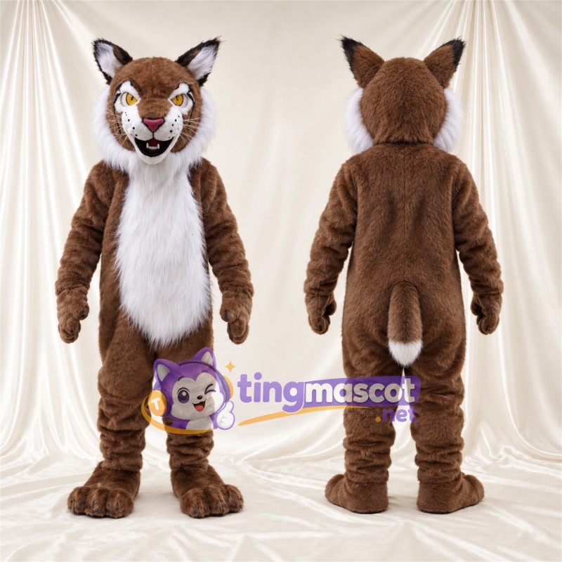 Brown and White Lynx Mascot Costume - White Belly and Pointed Fangs