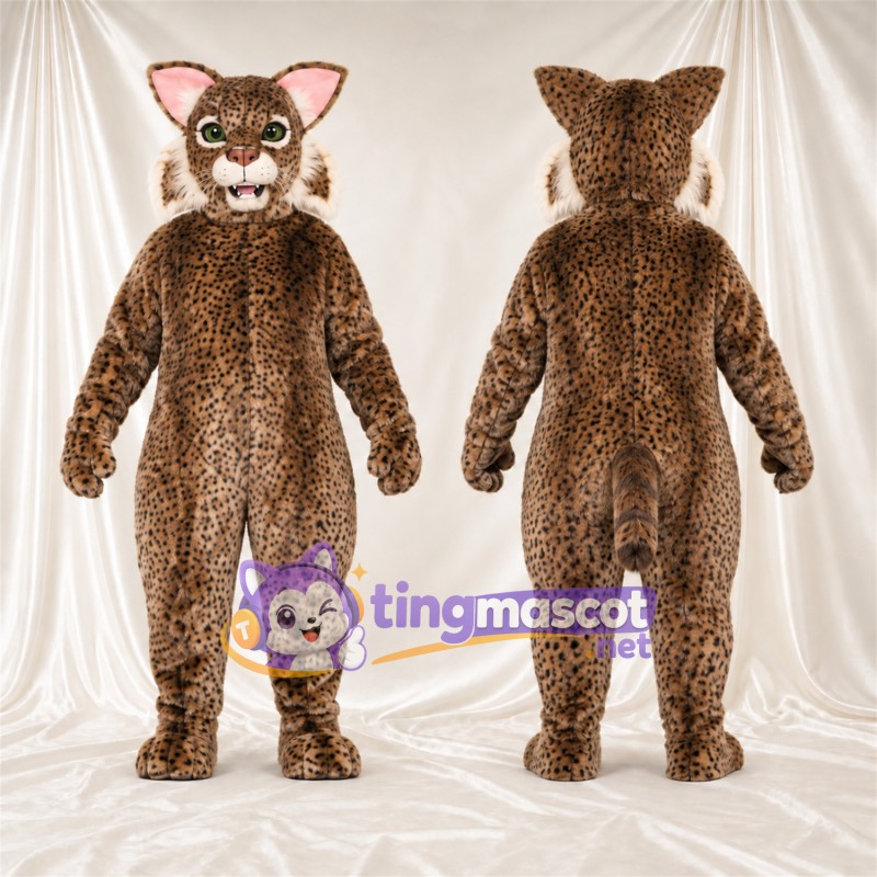 Brown and White Bobcat Mascot Costume - Pink Inner Ears and Green Eyes