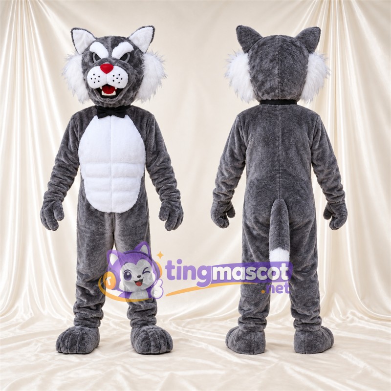 Costume de mascotte Chat – gris / blanc – Nœud papillon (noir)