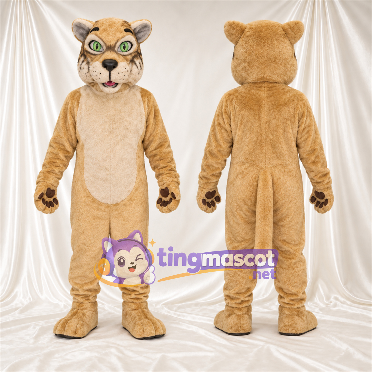 Costume de mascotte Chat sauvage – brun clair / blanc – Coussinets (marron); Yeux (vert) Costume de mascotte Chat sauvage – brun clair / blanc – Coussinets (marron); Yeux (vert)
