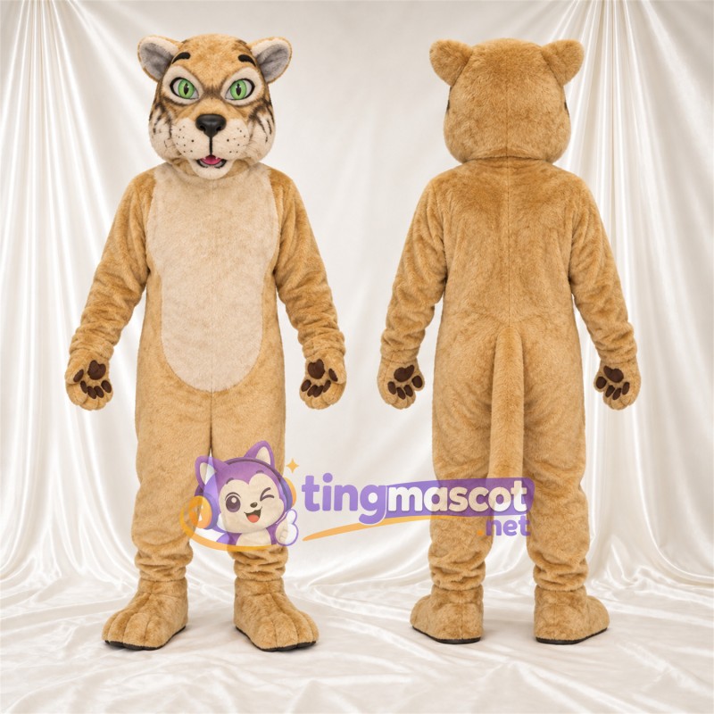 Costume de mascotte Chat sauvage – brun clair / blanc – Coussinets (marron); Yeux (vert)