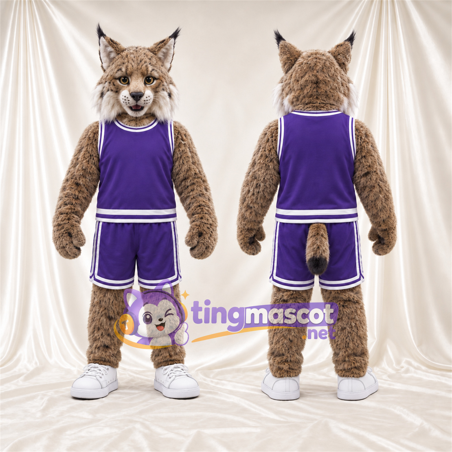 Maskottchenkostüm Rotluchs – braun – Basketballtrikot (violett) Maskottchenkostüm Rotluchs – braun – Basketballtrikot (violett)