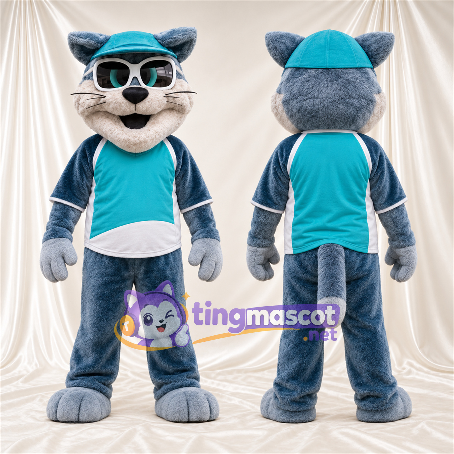Costume de mascotte Chat – gris / bleu – Chemise (turquoise); Casquette Costume de mascotte Chat – gris / bleu – Chemise (turquoise); Casquette