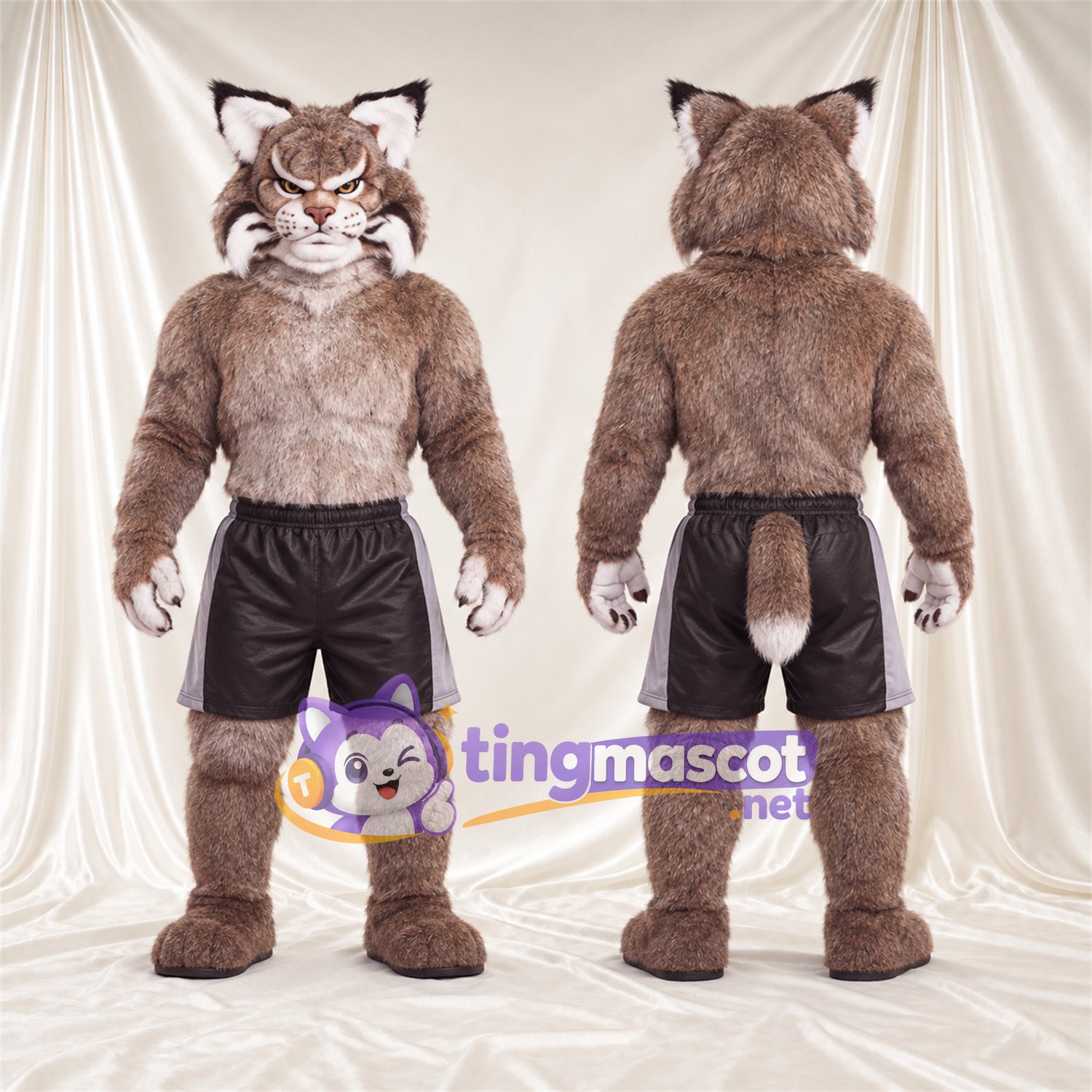 Brown and White Bobcat Mascot Costume - Black Shorts Brown and White Bobcat Mascot Costume - Black Shorts