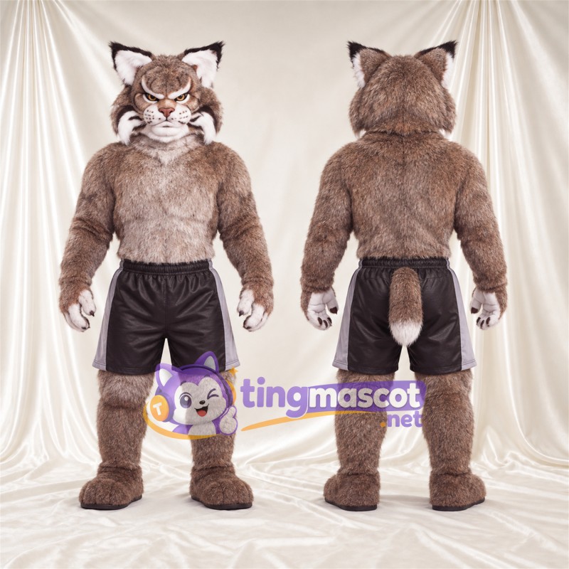 Brown and White Bobcat Mascot Costume - Black Shorts