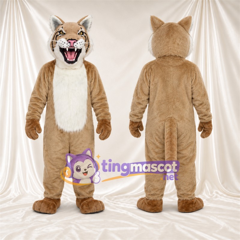 Costume de mascotte Chat sauvage – brun clair / blanc – Ventre (blanc); Crocs pointus