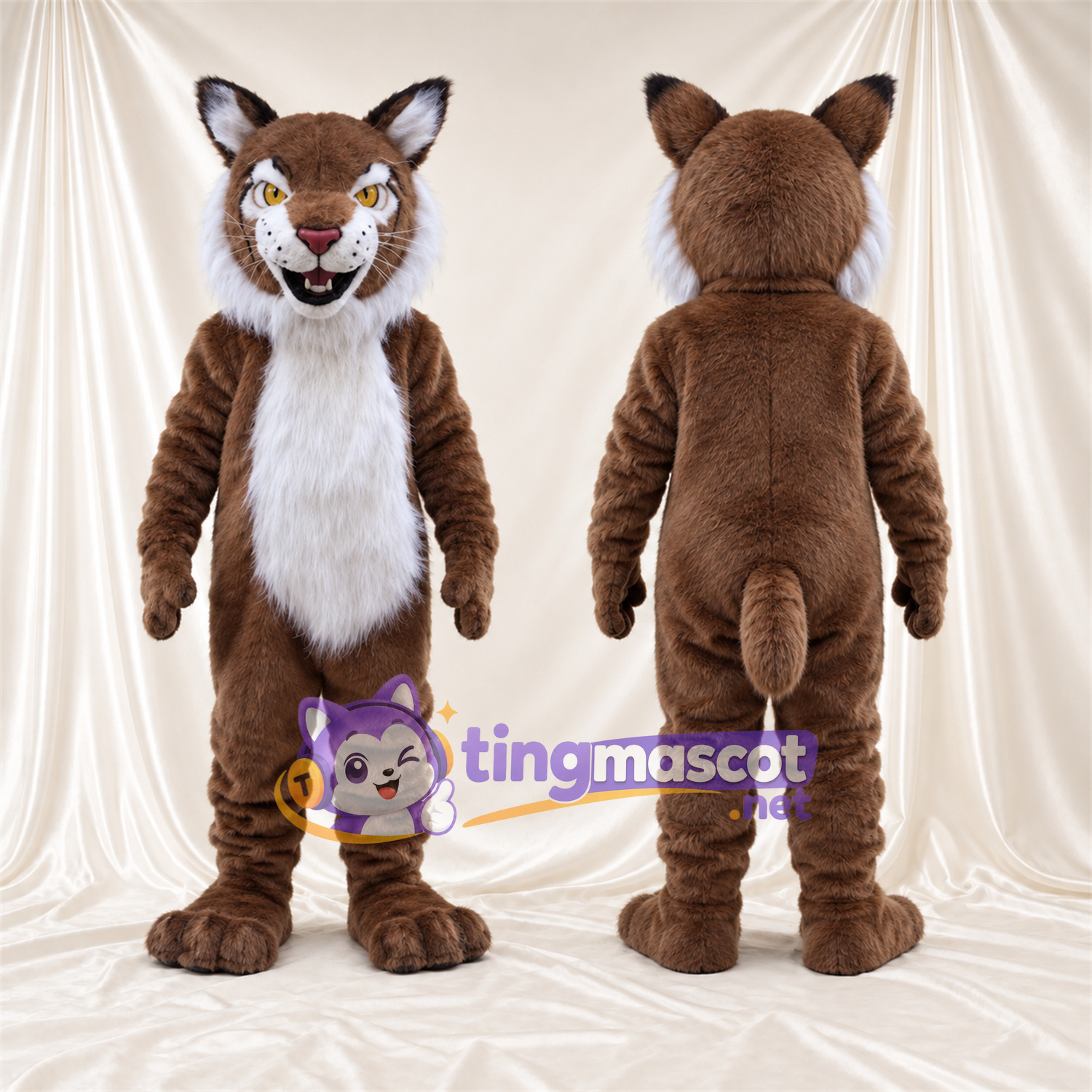 Brown and White Bobcat Mascot Costume - White Belly and Toothy Grin Brown and White Bobcat Mascot Costume - White Belly and Toothy Grin