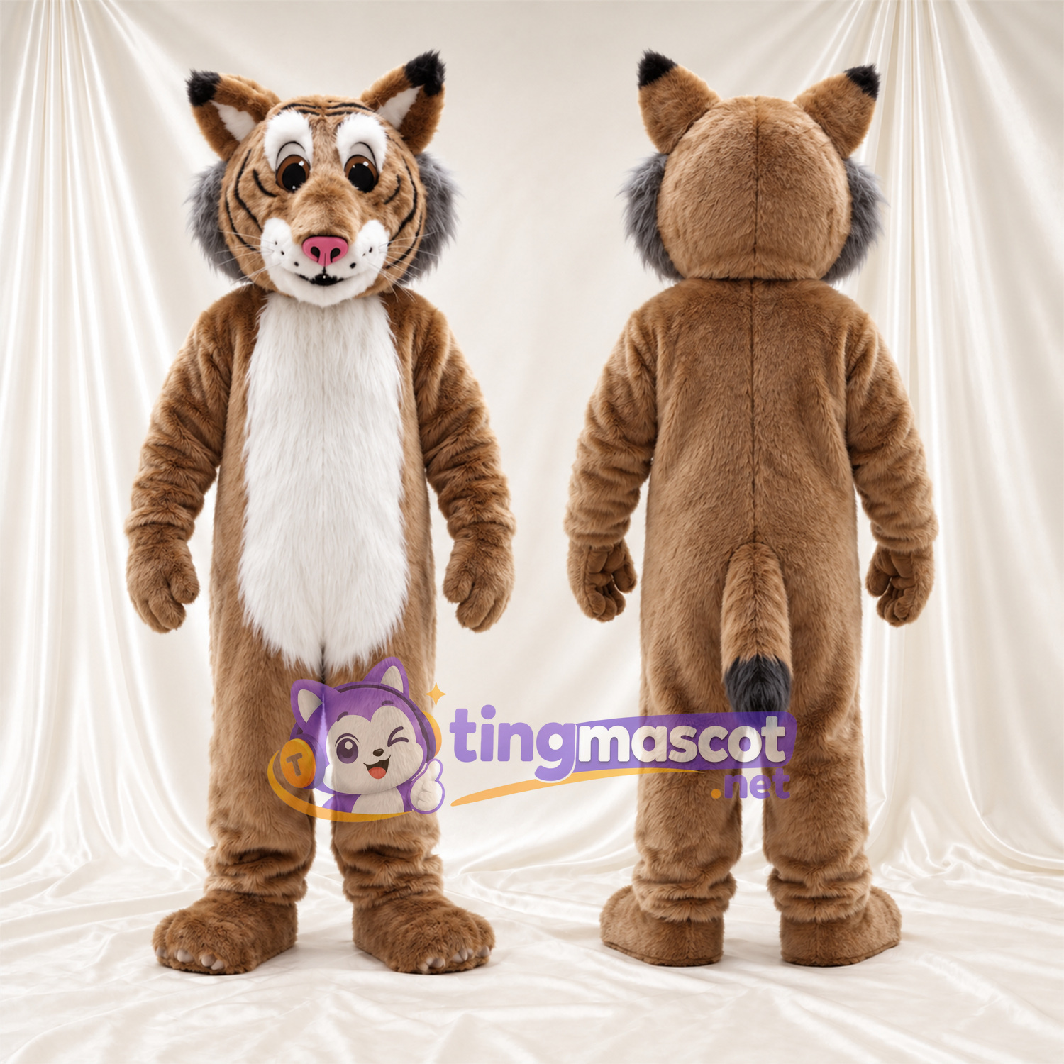 Brown and White Bobcat Mascot Costume - White Belly and Black Stripes Brown and White Bobcat Mascot Costume - White Belly and Black Stripes
