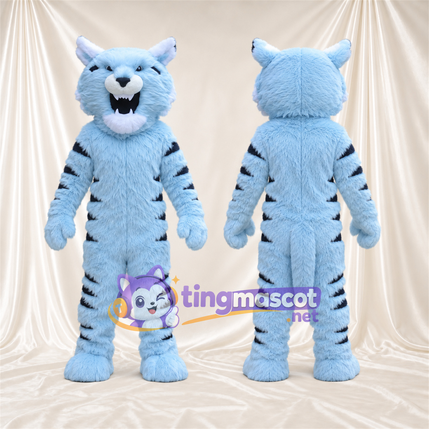Blue and Black Tiger Mascot Costume - Black Stripes and Shaggy Fur Blue and Black Tiger Mascot Costume - Black Stripes and Shaggy Fur