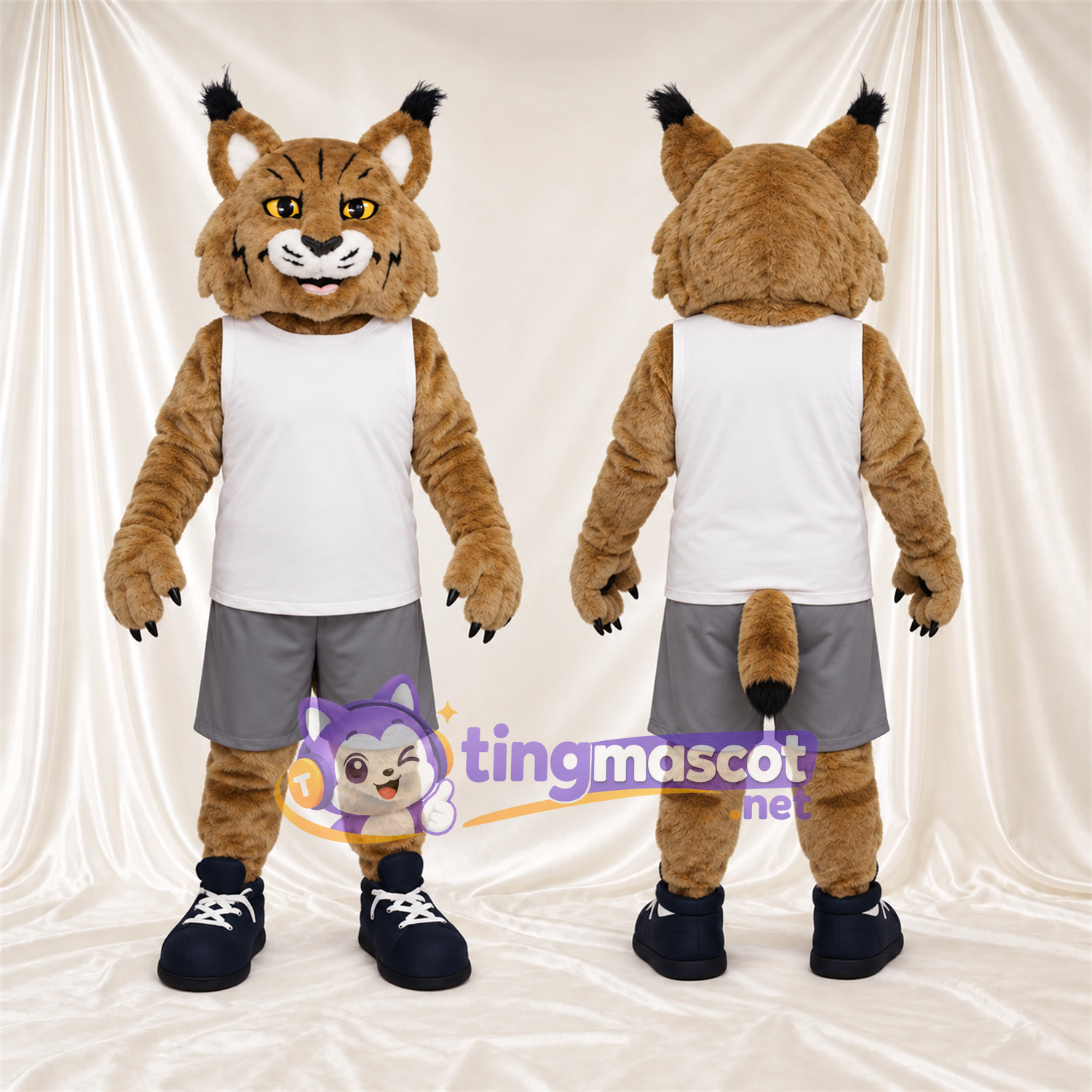 Costume de mascotte Lynx roux – brun clair – Débardeur (blanc); Short (gris) Costume de mascotte Lynx roux – brun clair – Débardeur (blanc); Short (gris)