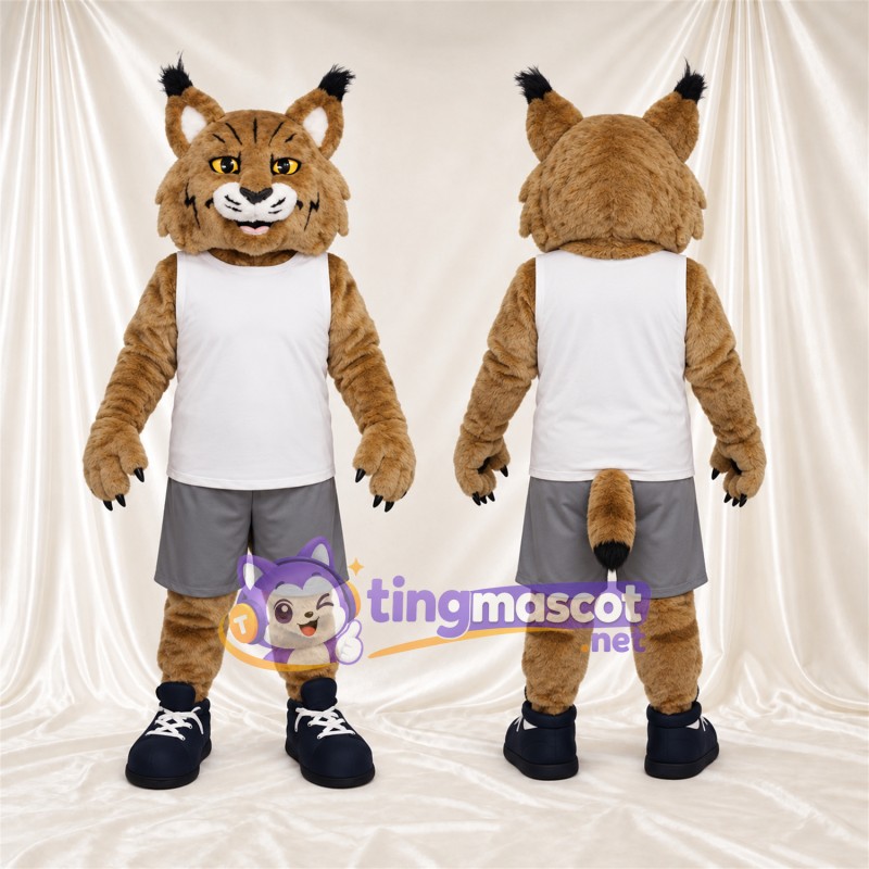 Costume de mascotte Lynx roux – brun clair – Débardeur (blanc); Short (gris)