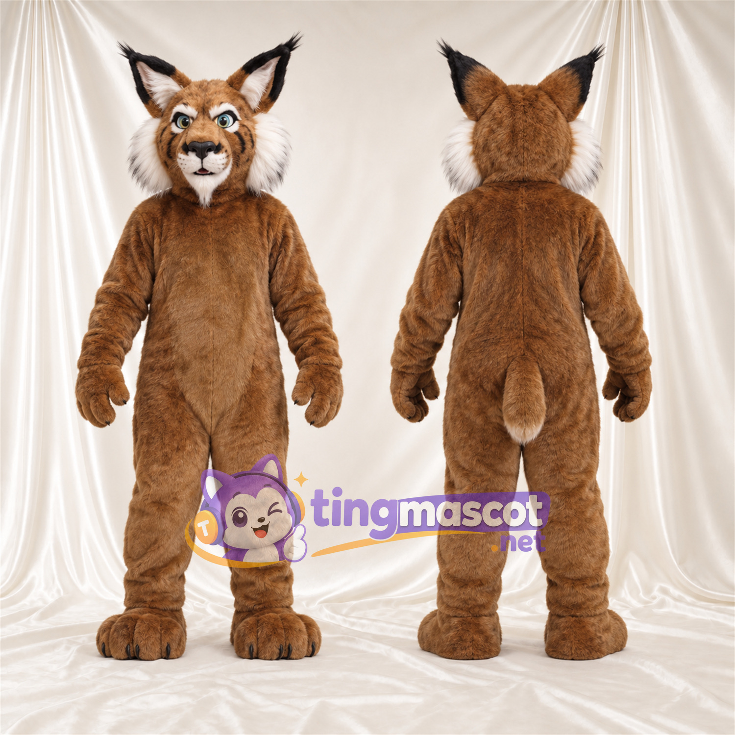 Brown and White Bobcat Mascot Costume - Pointed Ears and White Cheeks Brown and White Bobcat Mascot Costume - Pointed Ears and White Cheeks