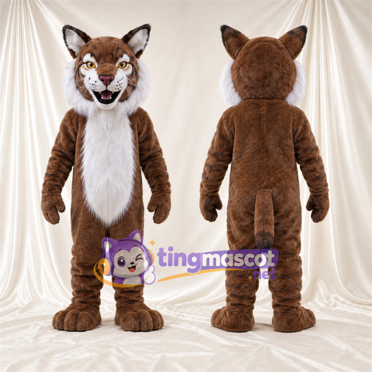 Brown and White Bobcat Mascot Costume - White Belly and Toothy Grin Brown and White Bobcat Mascot Costume - White Belly and Toothy Grin