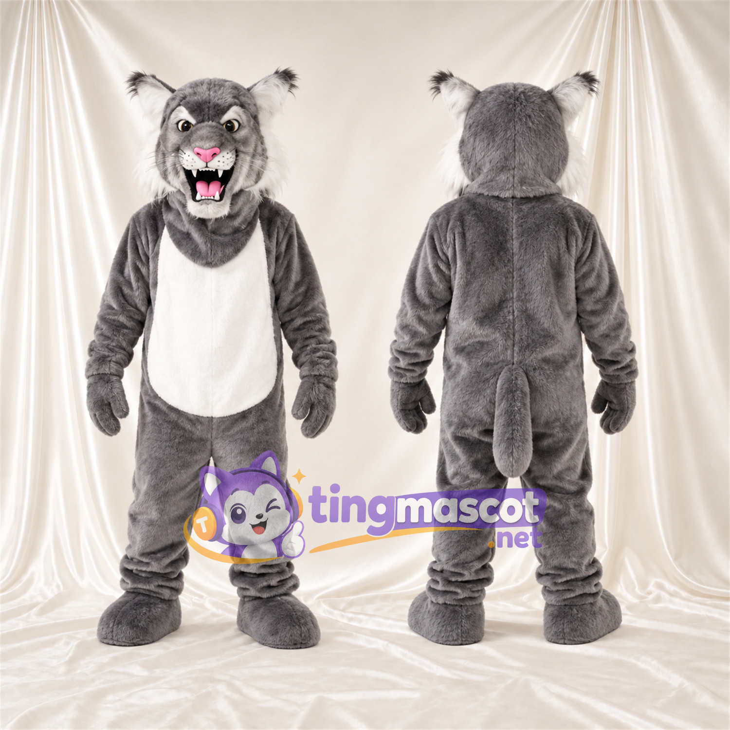 Maskottchenkostüm Rotluchs – grau / weiß – Bauch (weiß); Spitze Fangzähne Maskottchenkostüm Rotluchs – grau / weiß – Bauch (weiß); Spitze Fangzähne