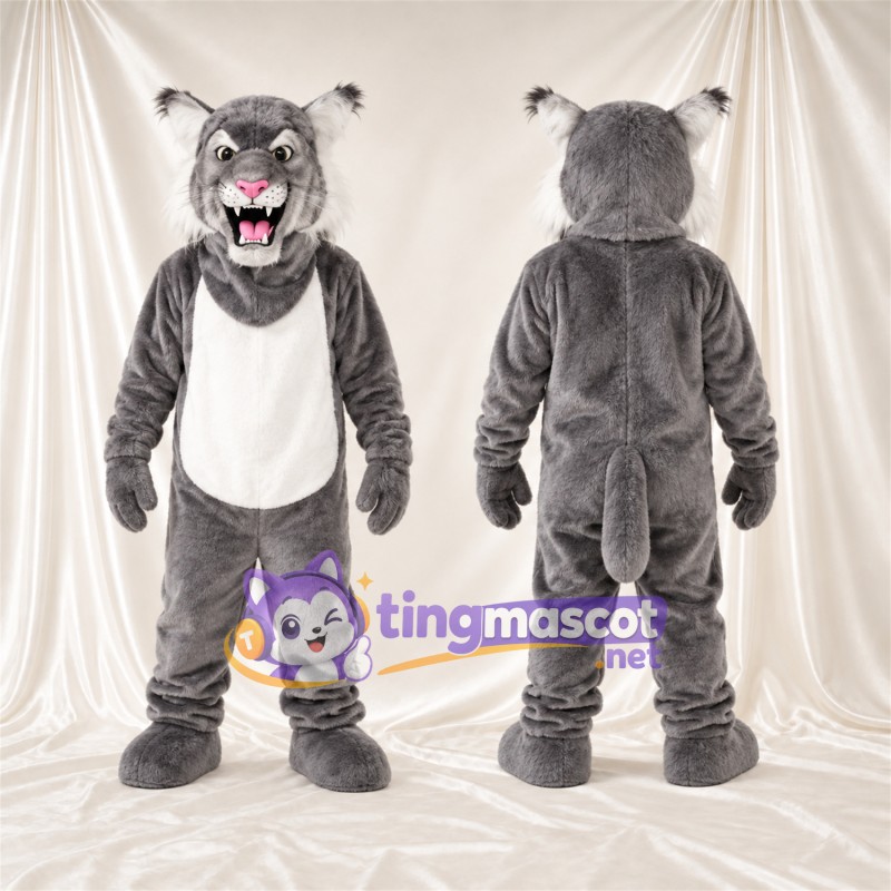 Maskottchenkostüm Rotluchs – grau / weiß – Bauch (weiß); Spitze Fangzähne