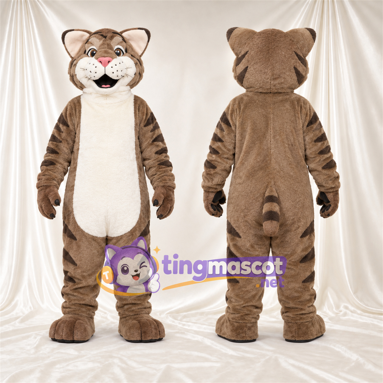 Brown and White Bobcat Mascot Costume - White Belly and Black Stripes Brown and White Bobcat Mascot Costume - White Belly and Black Stripes