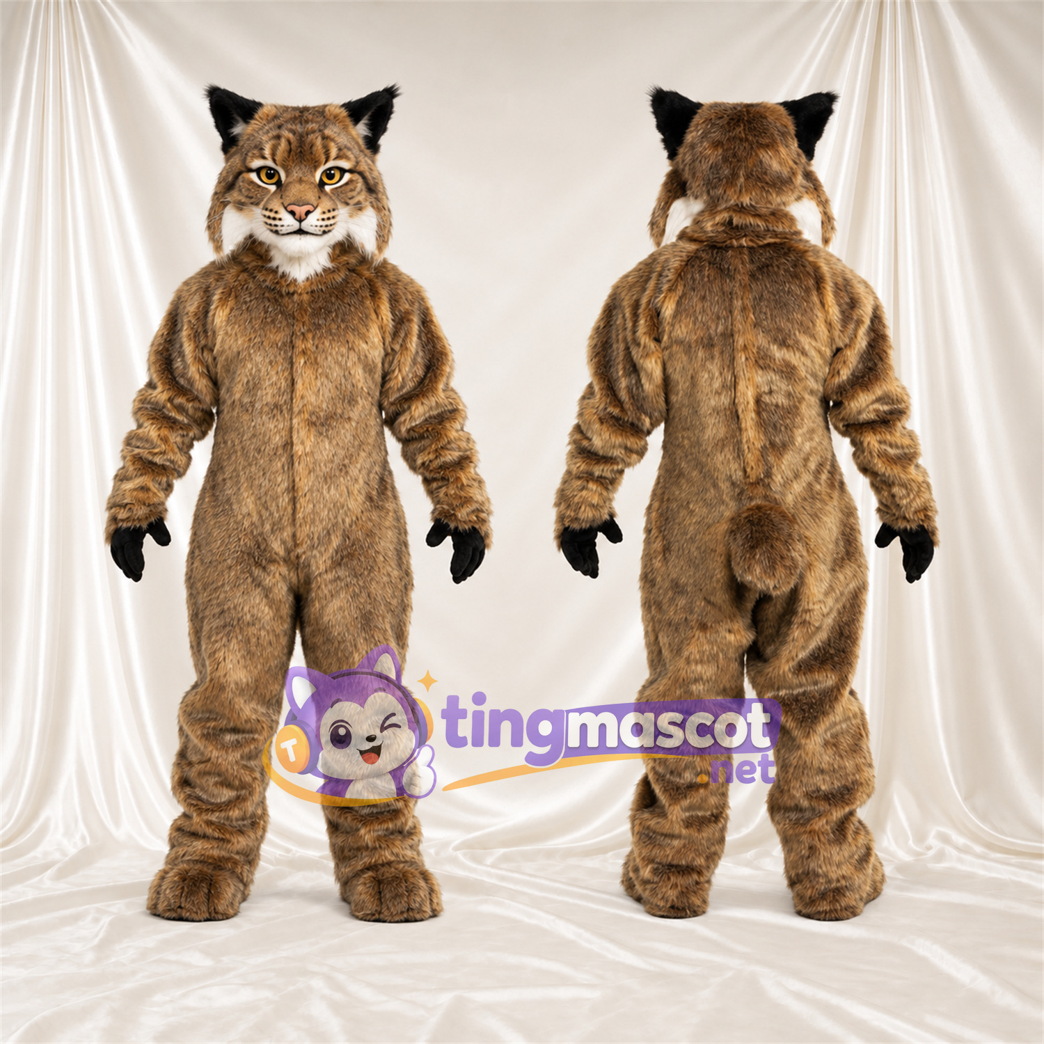 Brown and White Bobcat Mascot Costume - Black Gloves and Black Stripes Brown and White Bobcat Mascot Costume - Black Gloves and Black Stripes