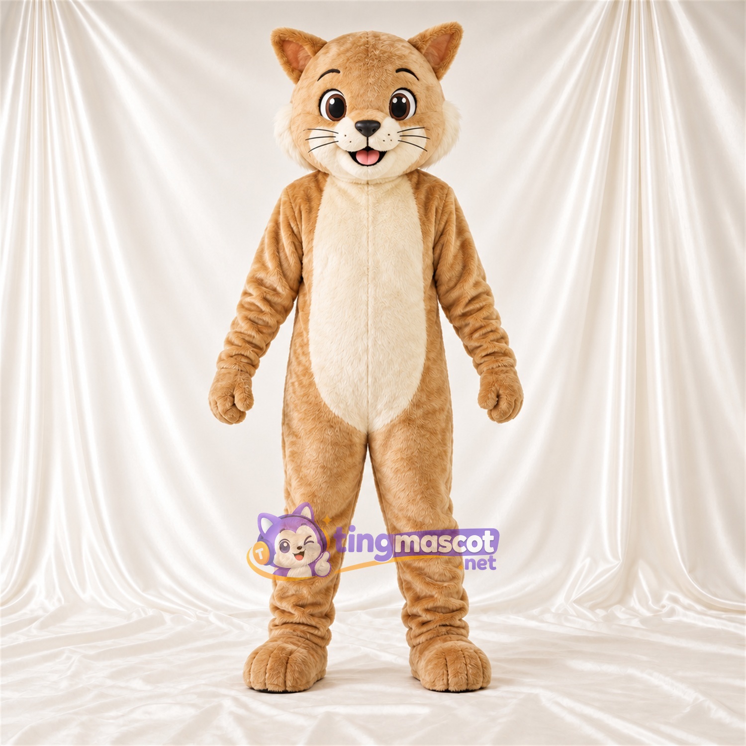 Costume de mascotte Chat – brun clair / blanc – Ventre (crème); Visage souriant Costume de mascotte Chat – brun clair / blanc – Ventre (crème); Visage souriant