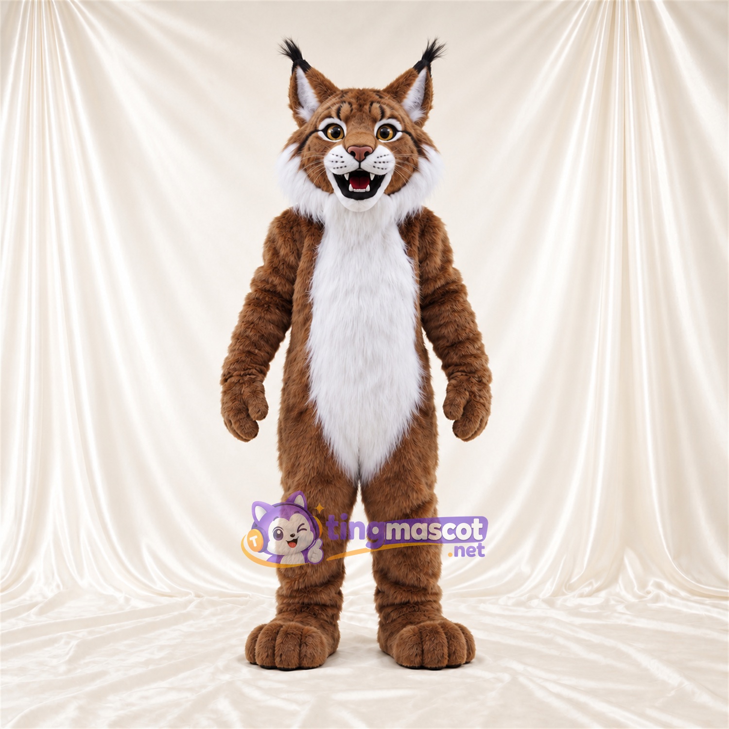 Brown and White Bobcat Mascot Costume - White Belly and Open Mouth Brown and White Bobcat Mascot Costume - White Belly and Open Mouth