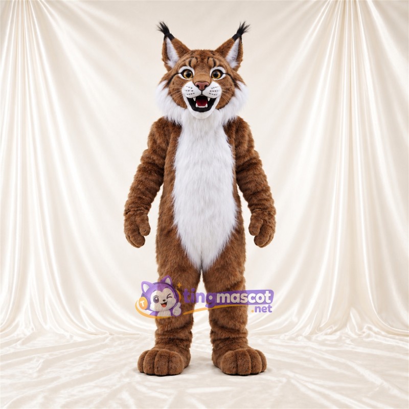 Brown and White Bobcat Mascot Costume - White Belly and Open Mouth Brown and White Bobcat Mascot Costume - White Belly and Open Mouth