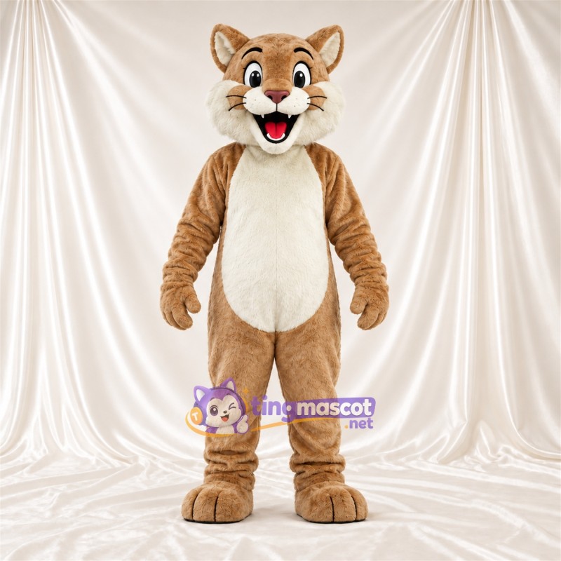 Costume de mascotte Chat – brun clair / blanc – Ventre (blanc); Bouche ouverte Costume de mascotte Chat – brun clair / blanc – Ventre (blanc); Bouche ouverte