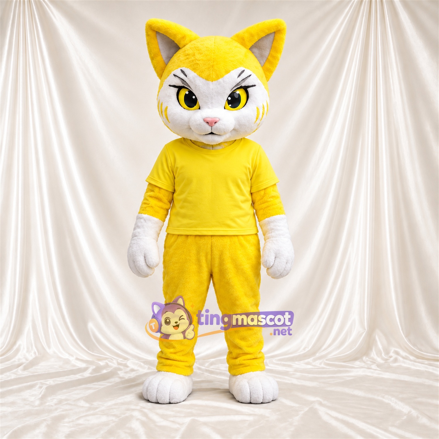 Costume de mascotte Chat – jaune / blanc – Survêtement (jaune); Gants (blanc) Costume de mascotte Chat – jaune / blanc – Survêtement (jaune); Gants (blanc)