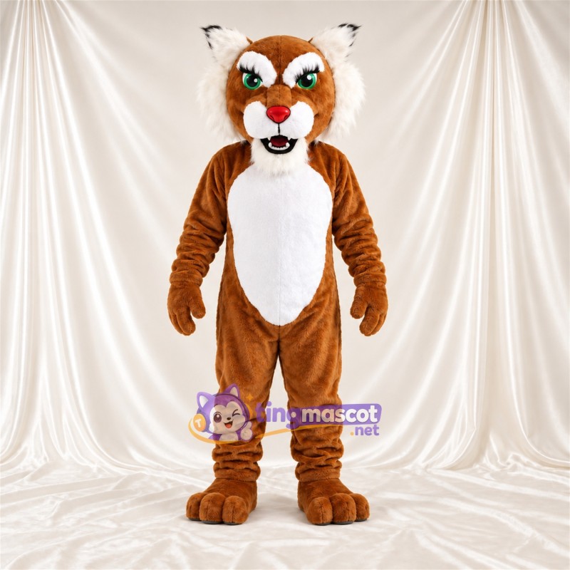 Brown and White Bobcat Mascot Costume - White Belly and Green Eyes Brown and White Bobcat Mascot Costume - White Belly and Green Eyes