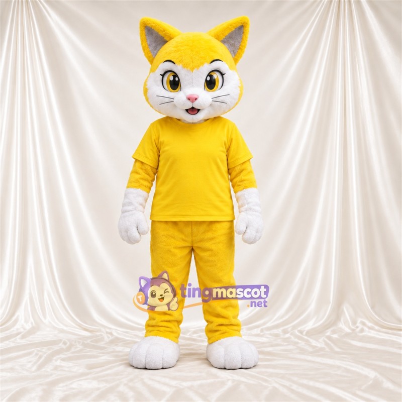 Costume de mascotte Chat – jaune / blanc – Survêtement (jaune); Gants (blanc) Costume de mascotte Chat – jaune / blanc – Survêtement (jaune); Gants (blanc)