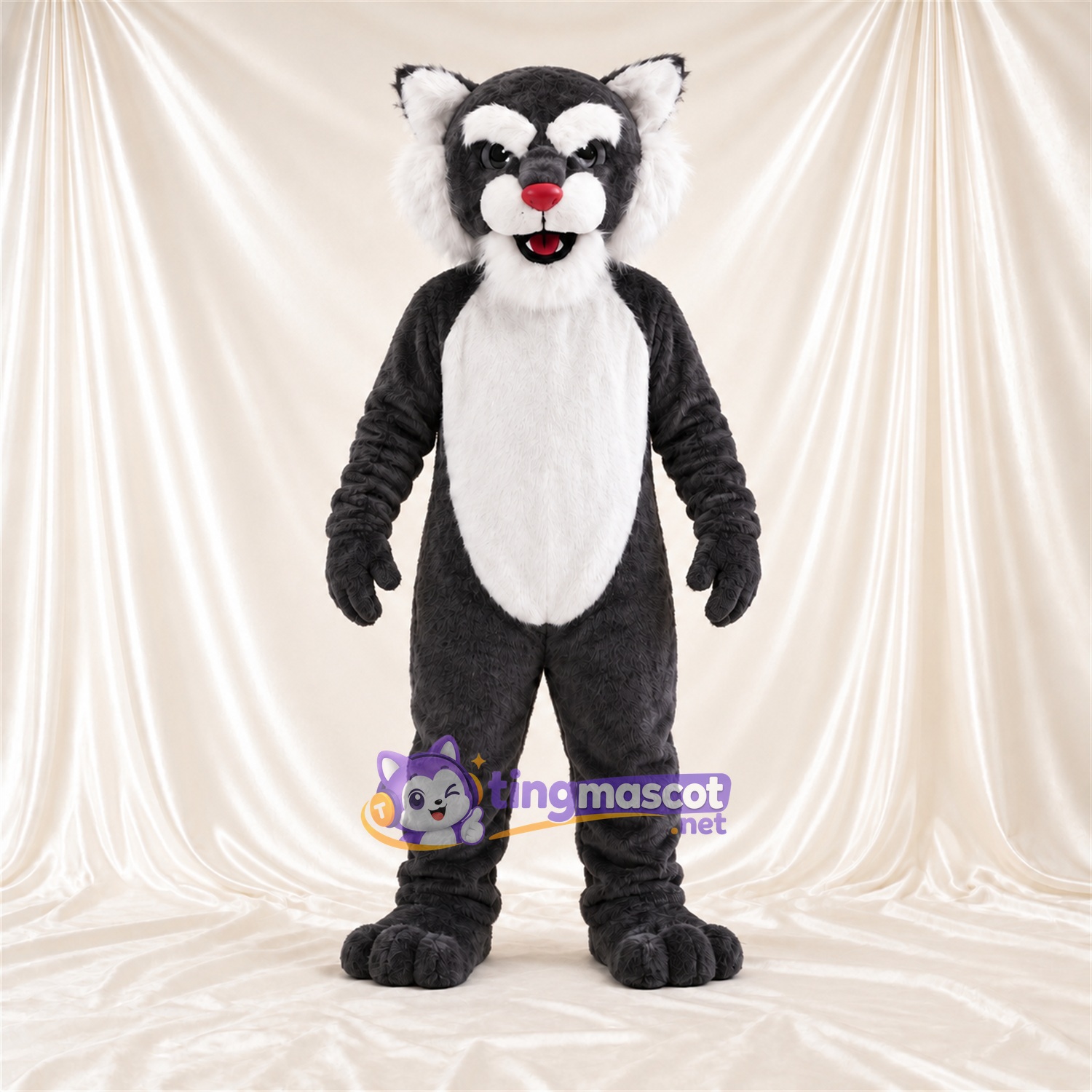 Costume de mascotte Chat – gris / blanc – Ventre (blanc); Bout de la queue (blanc)