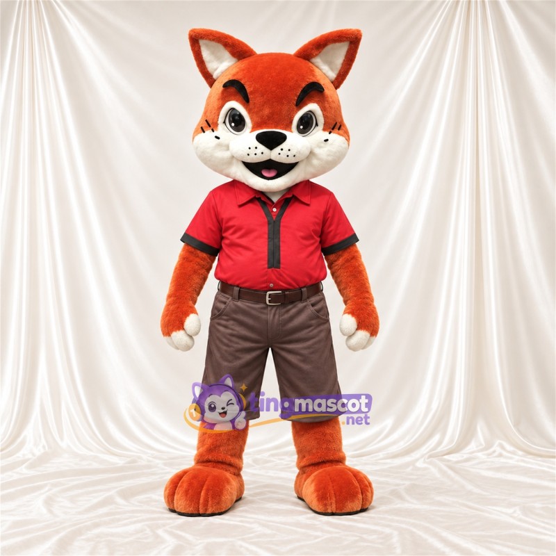 Maskottchenkostüm Fuchs – orange / weiß – Poloshirt (rot); Shorts (braun) Maskottchenkostüm Fuchs – orange / weiß – Poloshirt (rot); Shorts (braun)
