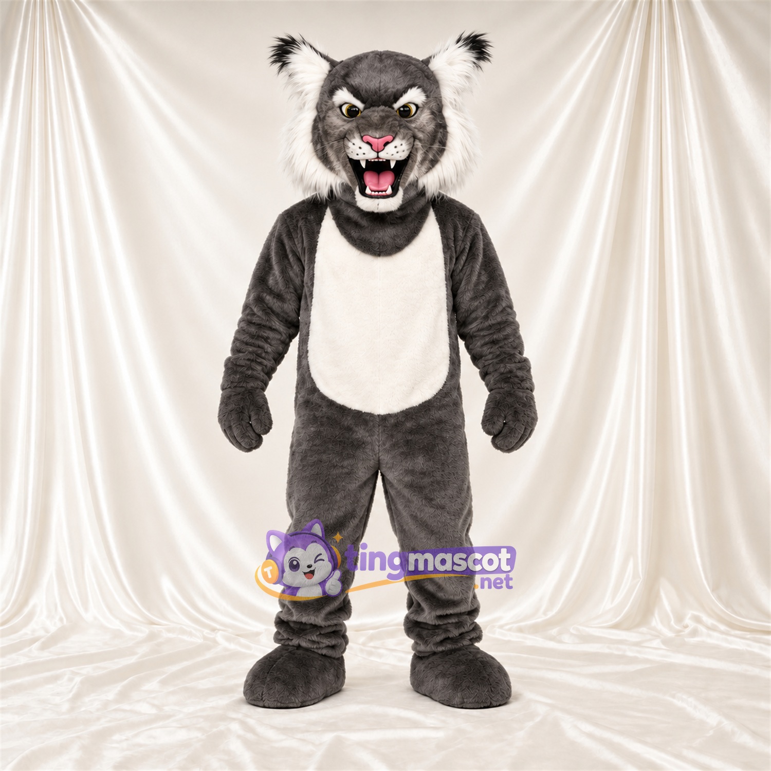 Maskottchenkostüm Rotluchs – grau / weiß – Bauch (weiß); Spitze Fangzähne Maskottchenkostüm Rotluchs – grau / weiß – Bauch (weiß); Spitze Fangzähne