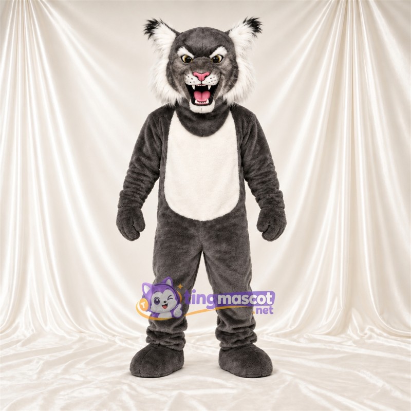 Maskottchenkostüm Rotluchs – grau / weiß – Bauch (weiß); Spitze Fangzähne Maskottchenkostüm Rotluchs – grau / weiß – Bauch (weiß); Spitze Fangzähne