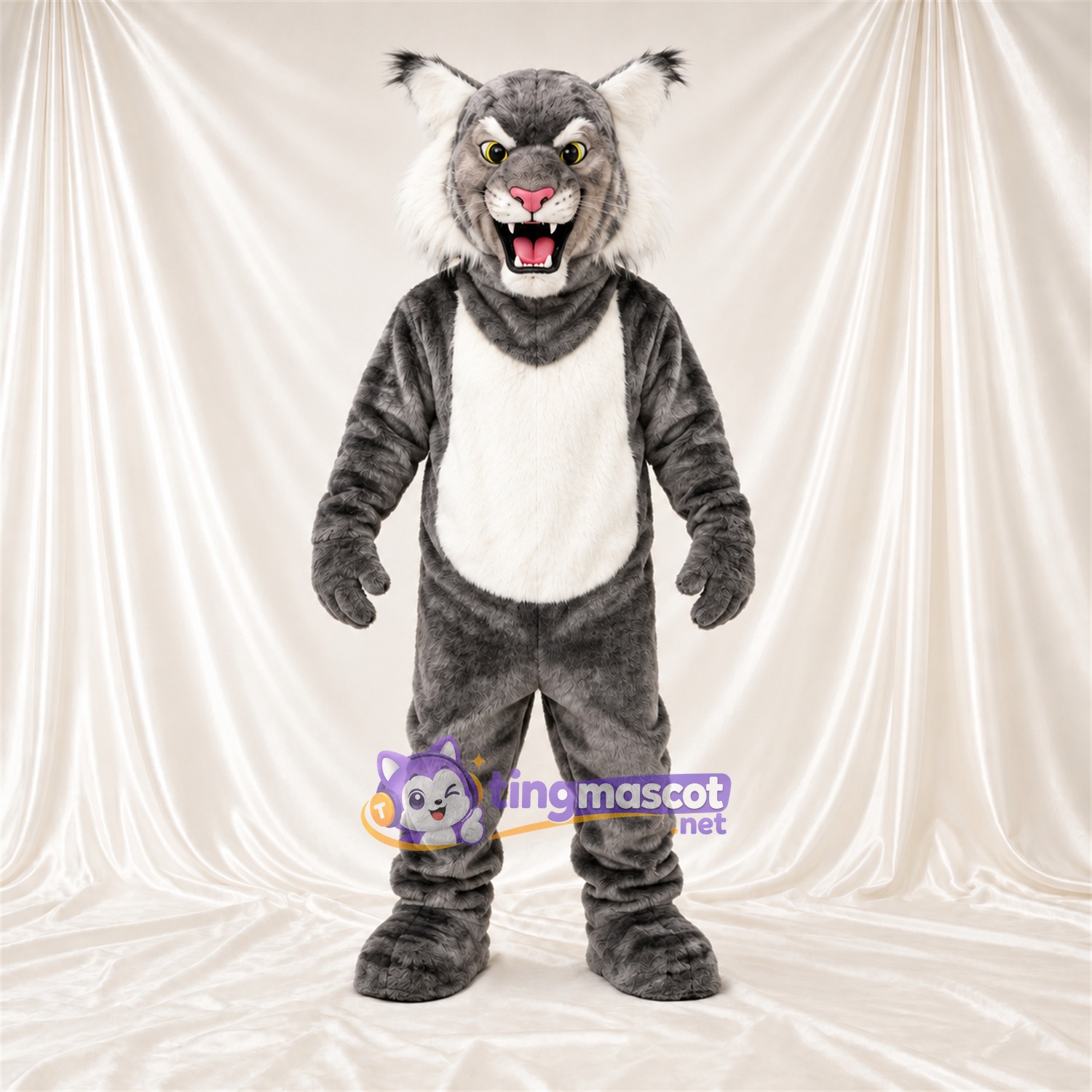 Maskottchenkostüm Rotluchs – grau / weiß – Bauch (weiß); Streifen (schwarz) Maskottchenkostüm Rotluchs – grau / weiß – Bauch (weiß); Streifen (schwarz)