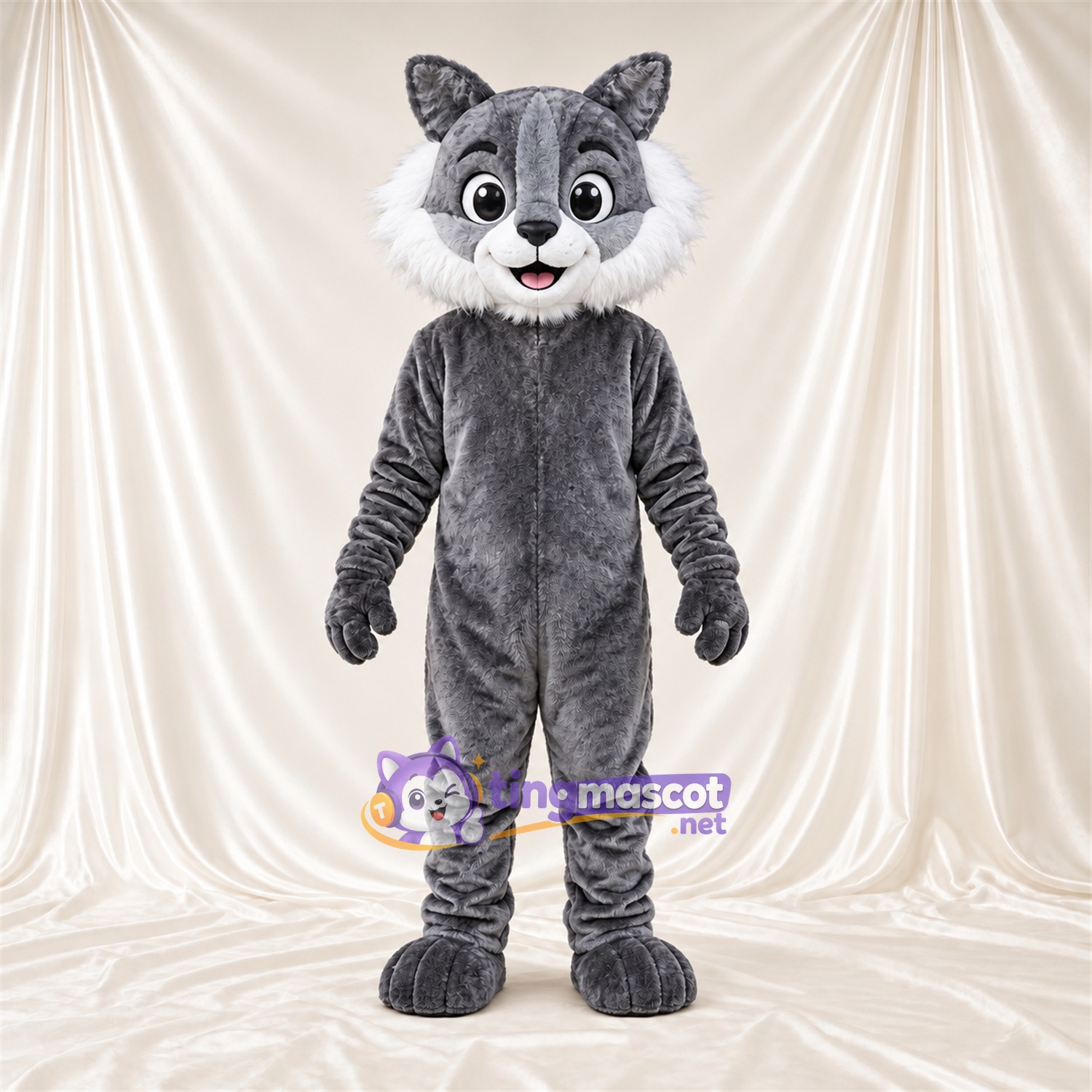 Costume de mascotte Chat – gris / blanc – Museau (blanc); Joues (blanc) Costume de mascotte Chat – gris / blanc – Museau (blanc); Joues (blanc)