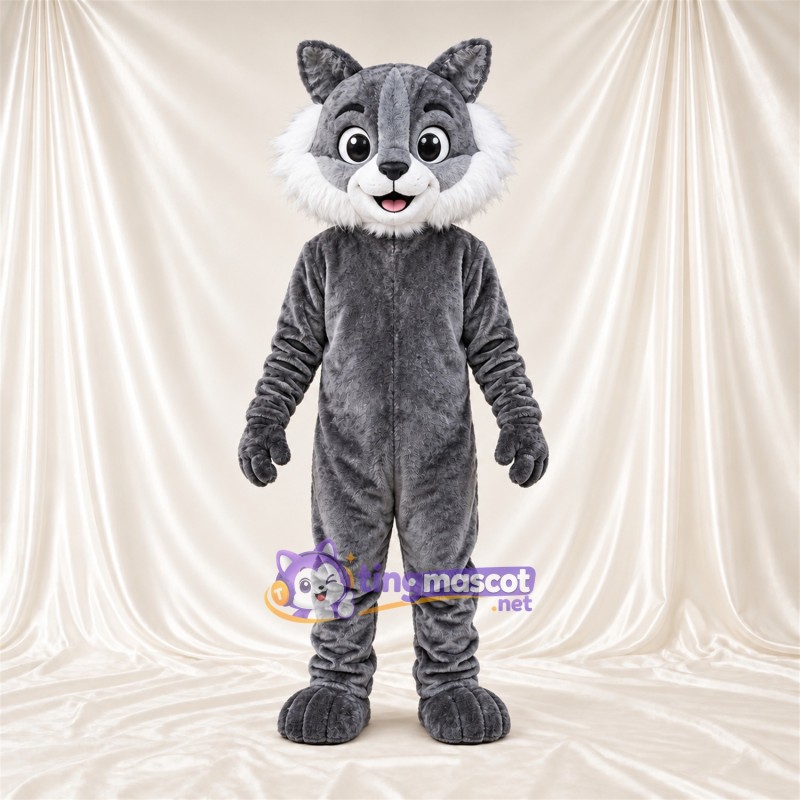 Costume de mascotte Chat – gris / blanc – Museau (blanc); Joues (blanc) Costume de mascotte Chat – gris / blanc – Museau (blanc); Joues (blanc)