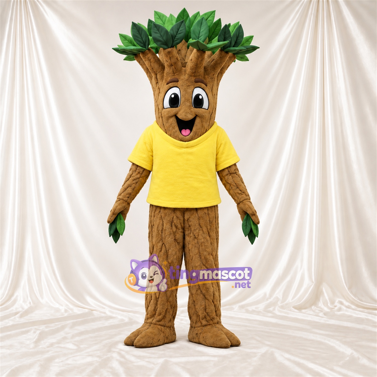 Brown and Green Tree Mascot Costume - Yellow Shirt Brown and Green Tree Mascot Costume - Yellow Shirt