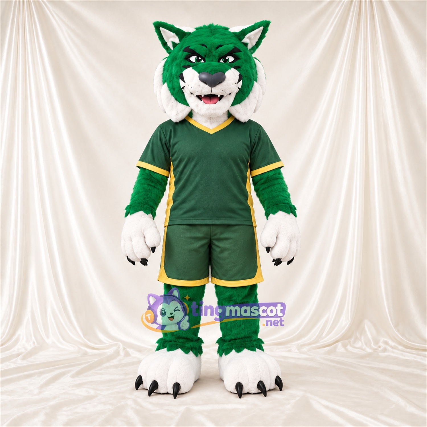 Costume de mascotte Chat sauvage – vert / blanc – Tenue de sport (vert) Costume de mascotte Chat sauvage – vert / blanc – Tenue de sport (vert)