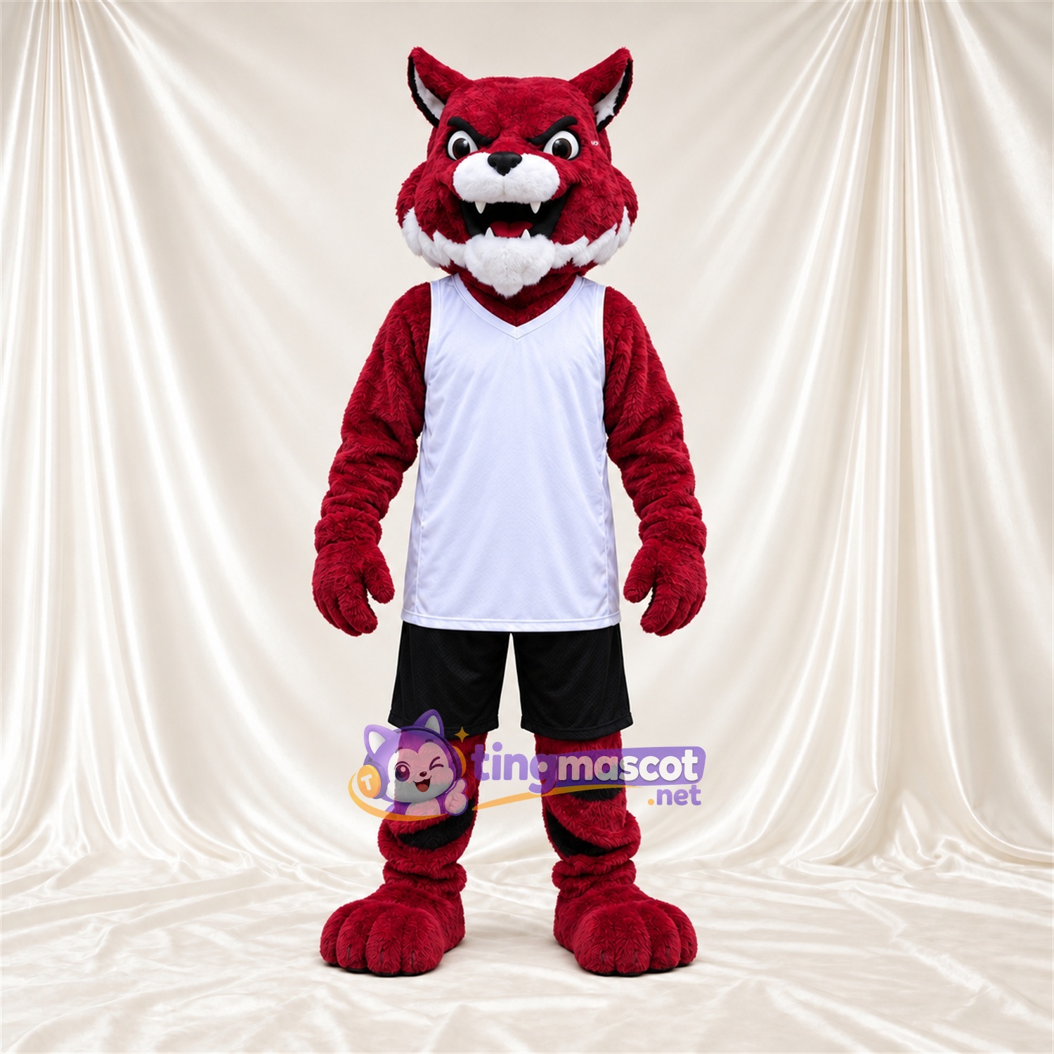 Costume de mascotte Chat sauvage – rouge / noir – Débardeur (blanc); Short (noir) Costume de mascotte Chat sauvage – rouge / noir – Débardeur (blanc); Short (noir)