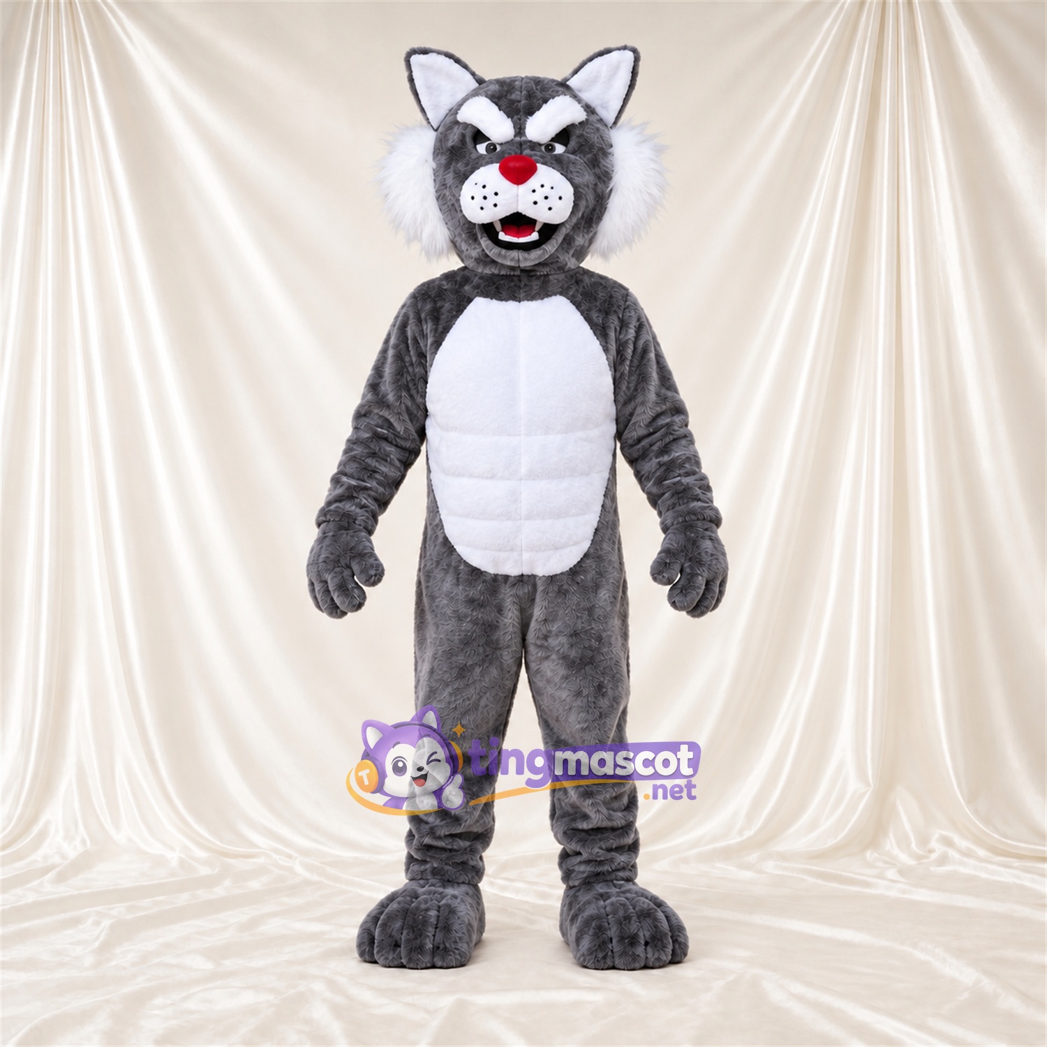 Costume de mascotte Chat sauvage – gris / blanc – Torse musclé (blanc); Nez (rouge)