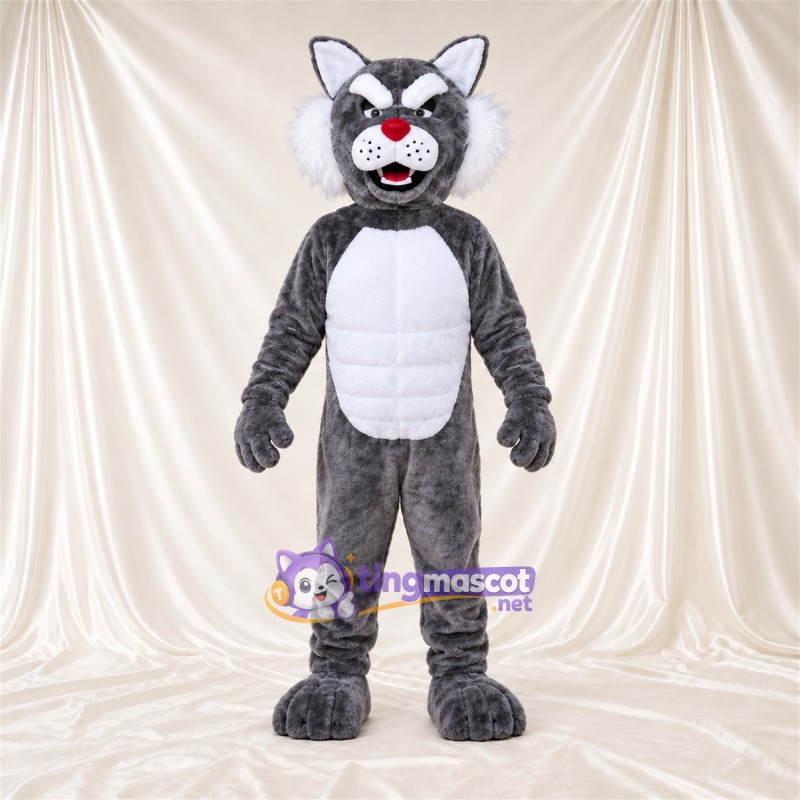 Costume de mascotte Chat sauvage – gris / blanc – Torse musclé (blanc); Nez (rouge) Costume de mascotte Chat sauvage – gris / blanc – Torse musclé (blanc); Nez (rouge)