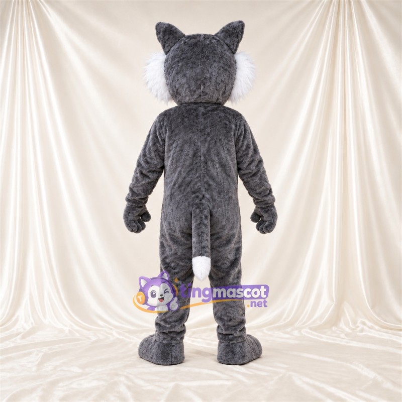 Costume de mascotte Chat sauvage – gris / blanc – Torse musclé (blanc); Nez (rouge)