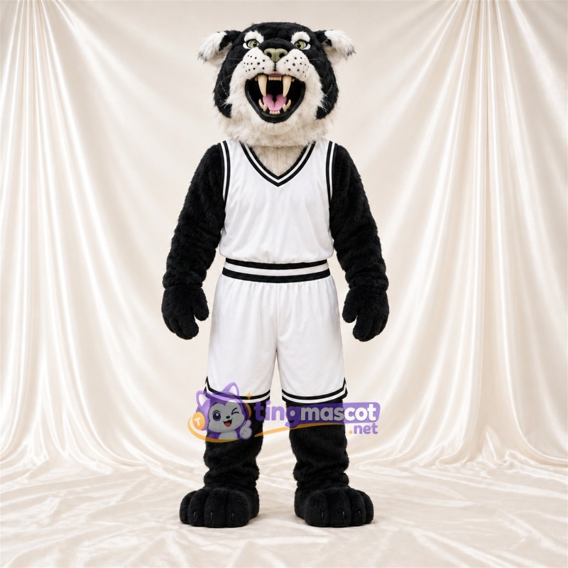 Black and White Wildcat Mascot Costume - White Basketball Uniform Black and White Wildcat Mascot Costume - White Basketball Uniform