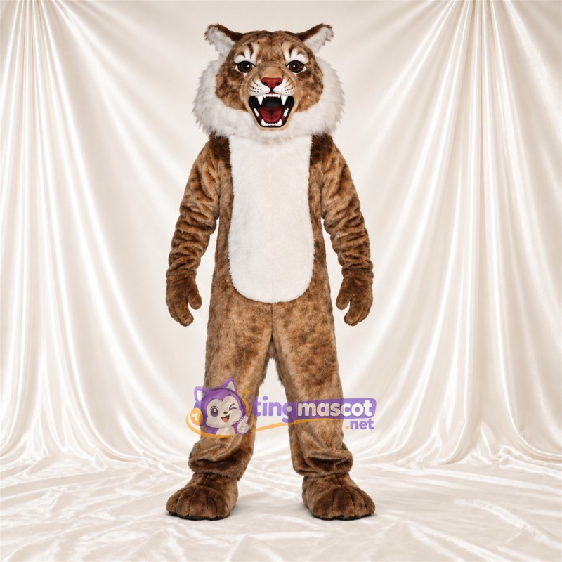 Costume de mascotte Chat sauvage – brun clair / blanc – Ventre (blanc); Bouche ouverte Costume de mascotte Chat sauvage – brun clair / blanc – Ventre (blanc); Bouche ouverte