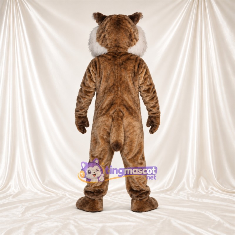 Costume de mascotte Chat sauvage – brun clair / blanc – Ventre (blanc); Bouche ouverte Costume de mascotte Chat sauvage – brun clair / blanc – Ventre (blanc); Bouche ouverte