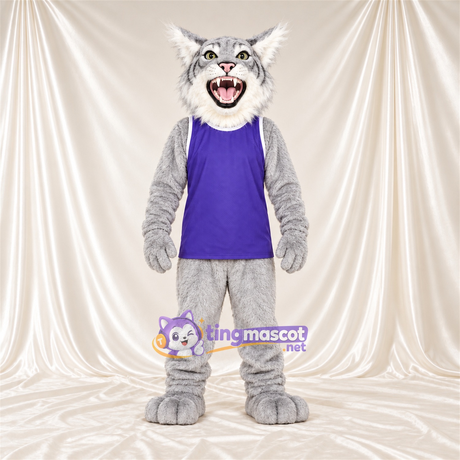 Costume de mascotte Chat sauvage – gris / blanc – Chemise (violet) Costume de mascotte Chat sauvage – gris / blanc – Chemise (violet)