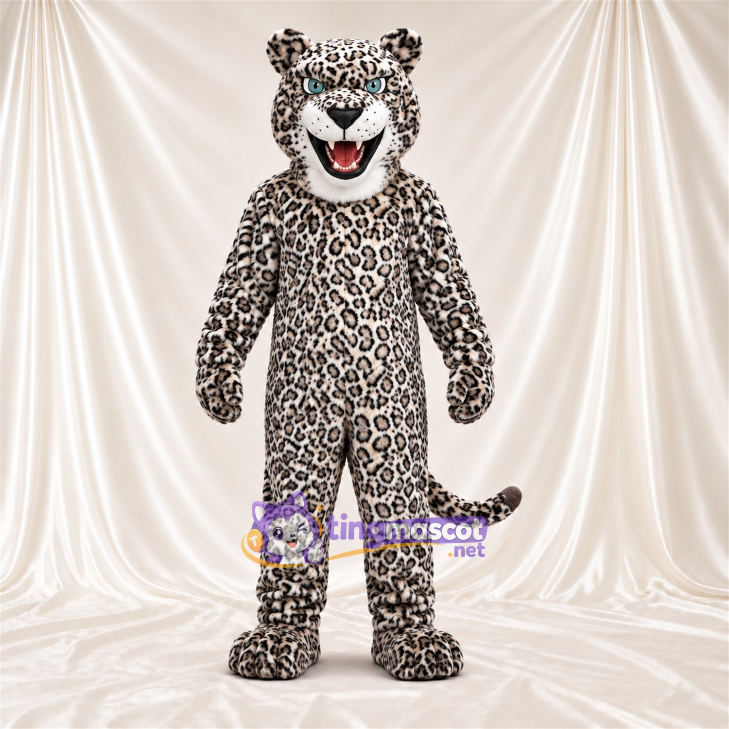Costume de mascotte Léopard – blanc / noir – Petites taches serrées; Crocs pointus Costume de mascotte Léopard – blanc / noir – Petites taches serrées; Crocs pointus