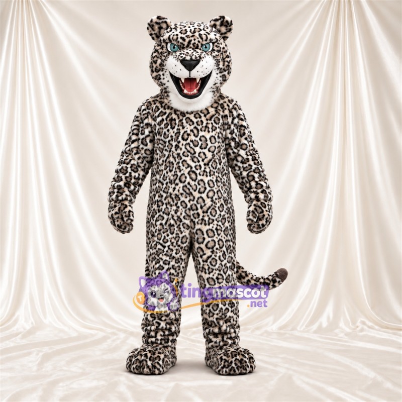 Costume de mascotte Léopard – blanc / noir – Petites taches serrées; Crocs pointus Costume de mascotte Léopard – blanc / noir – Petites taches serrées; Crocs pointus