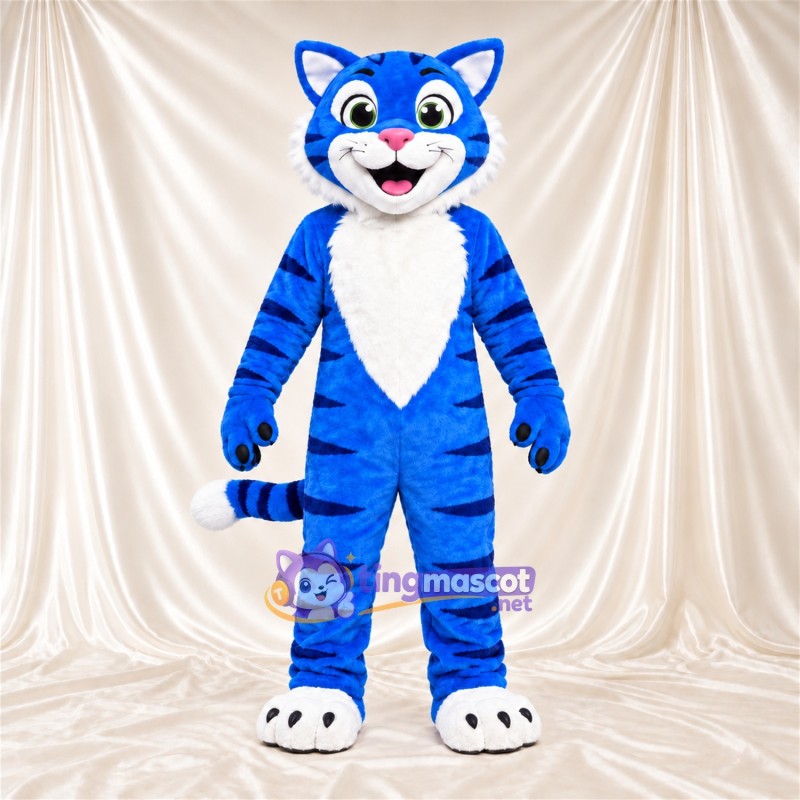 Blue and Black Tiger Mascot Costume - White Belly and White Tail Tip Blue and Black Tiger Mascot Costume - White Belly and White Tail Tip